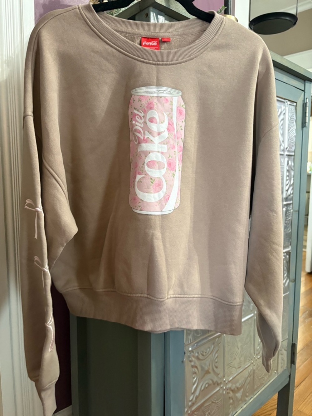 Coca Cola Taupe Crewneck Sweatshirt with Pink Floral Diet Coke Graphic